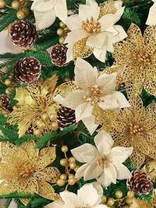 3/6/12/18/24 buc flori artificiale de Crăciun cu clipsuri, 3 stiluri ornamente de brad de Crăciun cu sclipici flori pentru ghirlandă DIY Crăciun Anul Nou petrecere decorare