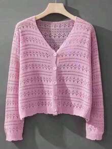 1pc Women's Shrug, Loose V-Neck Hollow Out Knitted Air-Conditioned Shirt, New Style Long Sleeve Sunscreen Cover Up Top Accessories Women