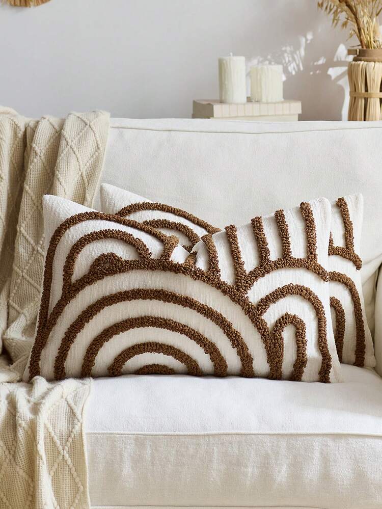 1pc/2pcs Set Semi-Circle Geometric Pattern Pillow Case, Canvas Circle Velvet Embroidery Crafted Square Cushion Cover, For Daily Use In Bedroom, Living Room, Sofa, Yard, Garden Decor, Without Core 30*50cm 45*45cm - Coffee Brown - View 3