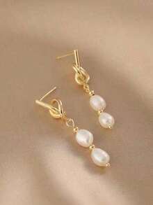 1pair Knotted Shaped Metal Asymmetrical Pearl Pendant Earrings - 金子 - 查看 4