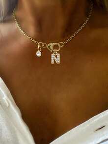 1pc STYLEVER Gold Letter Necklace, A-Z 26 Letters, Suitable As A Thoughtful Holiday Gift, Stainless Steel Chain - Golden - View 25
