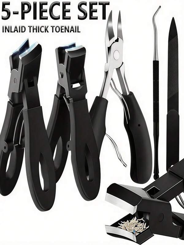 5pcs Stainless Steel Pedicure Tool Set - Heavy Duty Nail Clippers, Toenail Clippers Suitable For Handling Thick And Embedded Nails, Professional Heavy Duty Nail Trimmer With Nail File - Classic Black Handle For Men Ladies Elderly