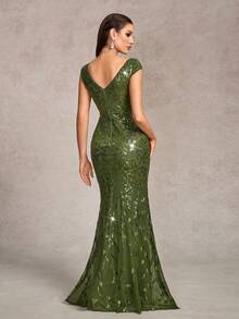 Váy dạ hội mùa hè thanh lịch cổ chữ V kép không tay, chất lượng cao, co giãn, đính sequin họa tiết thực vật, đuôi cá, váy tiệc trang trọng, đầm dạ hội, váy khách mời đám cưới, trang phục lễ hội - Màu xanh Ô liu - Xem 3