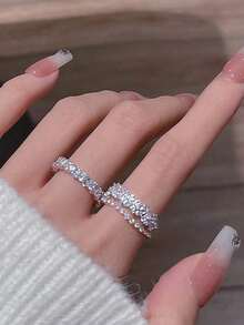 2pcs Y2K Style Copper Inlaid Asymmetric 5 Cubic Zirconia Rings Set, Daily Wear Women - Silver 3 - View 6