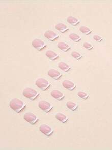 24pcs Short Square White French Tip Nail Stickers, Minimalist Design, Suitable Daily Wear, Artificial Nail Accessories - White - View 2