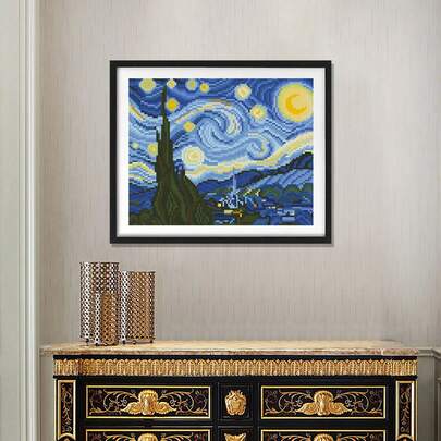 Van Gogh Starry Sky Cross Stitch DIY Kit, Classic Painting, 11CT Middle Grid Triple Strand, Beginner Starter Set, 33*28cm Home Decor Painting