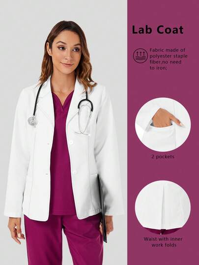 Solid Color Pocket Front Button Long Sleeve Lab Coat