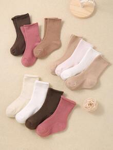 12/6 Pairs Baby/Kids Crew Socks, Toddler Girls Solid Color Thermal Socks, Casual Warm Socks For Daily Wear, Gift, Black White Khaki Brown, Autumn Winter