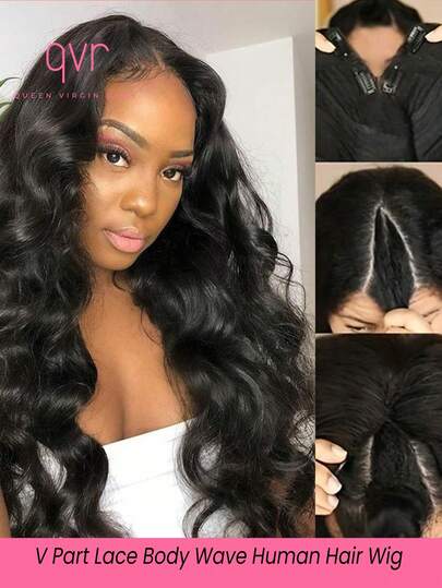 QVR QUEEN VIRGIN REMY QVR V 型波浪卷发真人发假发无胶 V 型波浪卷发蕾丝假发，保护性发型，不脱落
