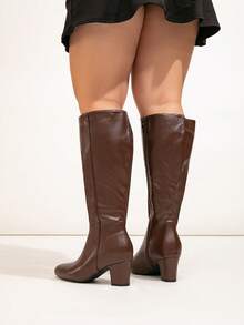 秋冬季宽楦女式欧美时尚舒适高跟粗跟优雅派对及舞会小腿靴 - 咖啡棕 - 查看 6