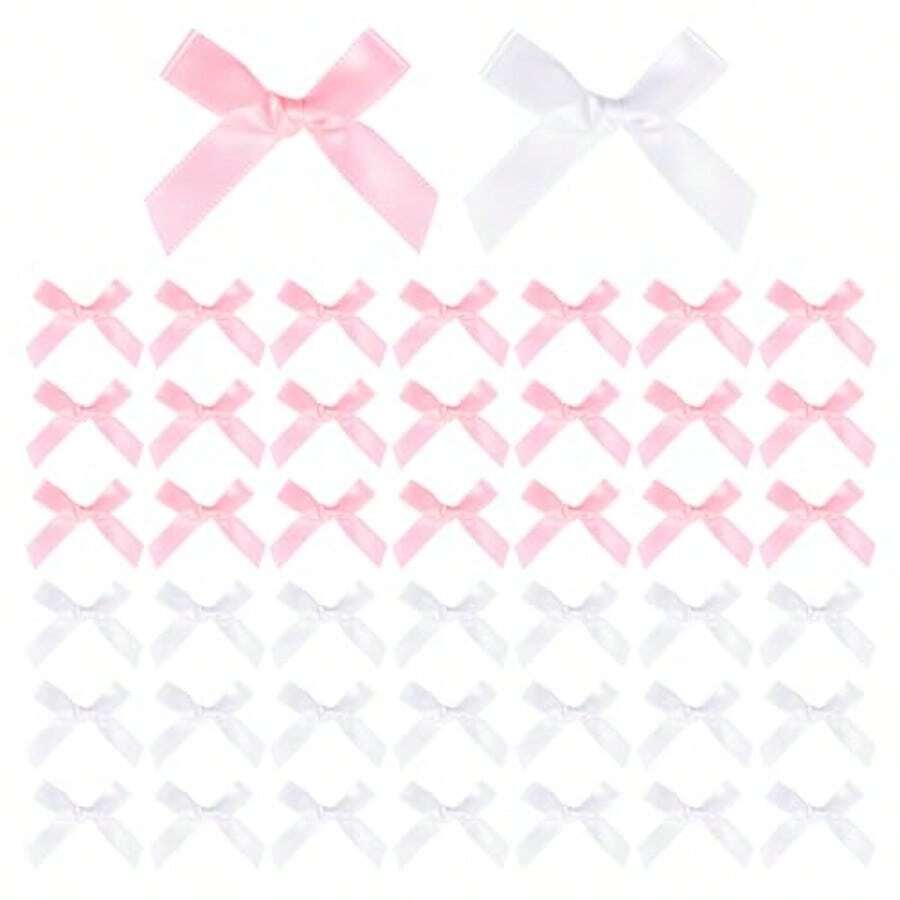 50pcs Mini Pink Satin Ribbon Tiny Bows For Gift Wrapping And Craft Projects 1.5 Baby Pink Satin Ribbon Twist Tie Bows Small Sewing Accessories Ideal For DIY Gift Decoration Wedding Favors Party Decorations And Crafting With White Accents - 粉紅白 - 查看 1
