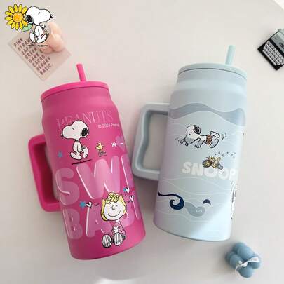 SNOOPY 1 件史努比 50 盎司大容量保温杯，便携式旅行杯，不锈钢咖啡杯带吸管