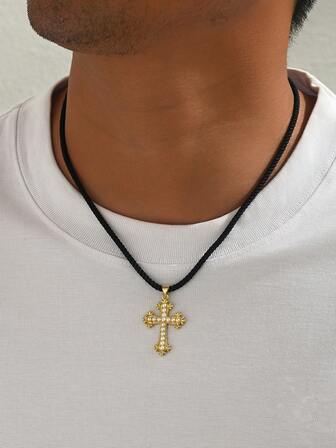 1pc Luxurious Hiphop Style Copper Faux Pearl Cross Pendant Necklace For Men, Suitable For Daily Wear, Dates, Parties, Halloween Gift
