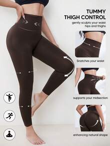 1 件高腰收腹紧身裤，提臀压缩瑜伽裤，无缝健身紧身裤，弹力塑形面料，适合健身房、跑步、健身、日常穿着 - 咖啡棕 - 查看 4