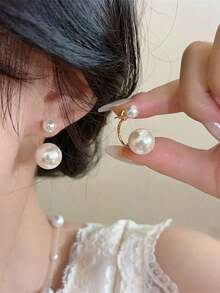 Topshiny 1 Pair Elegant Korean Champagne Pearl & Rhinestone Stud Earrings, Suitable For Daily Outfit And Party Accessories - trắng - Xem 9