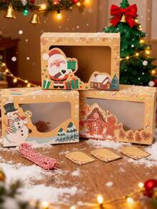 9pcs/3set Christmas Cookie Gift Box Set,Treat Boxes With Clear Window, Cute Tags And Ropes For Holiday Gift Giving And Christmas Party Supplies,Holiday Xmas Goody Party Favors - Multicolor - View 2
