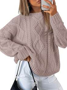 2025  Women's Oversized Cable Knit Crewneck Sweaters - 淡藍色 - 查看 6