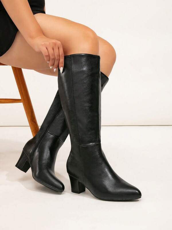 Wide Fit Women's European & American Fashion Comfortable High Heel Chunky Heel Elegant Party & Dance Calf Boots