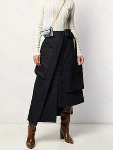 Women's Asymmetric/Asymmetrical Casual Skirt, Solid Color, Suitable For All Seasons Black Spring - Black - View 2