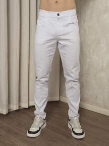 Men's Slim Fit Dress Twill Pants With Built-In Pockets And Lycra - White - View 1