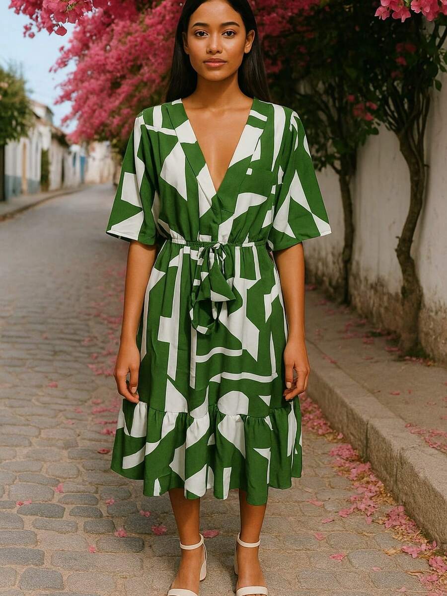 Casual Printed Summer Dress - Green - View 1