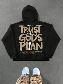 Trust God's Plan Letter Pattern Print Pocket Hoodie, Casual Long-Sleeved Drawstring Hoodie, Comfortable And Suitable For Autumn And Winter, Unisex Hooded Sweatshirt - màu đen - Xem 3