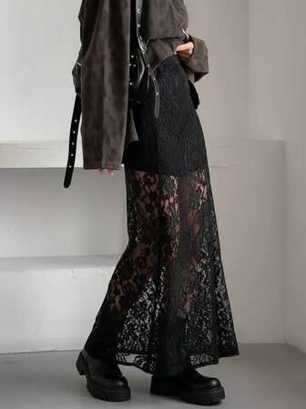 性感镂空蕾丝裙女式优雅 A 字中长裙后开叉松紧腰迷你黑色裙子