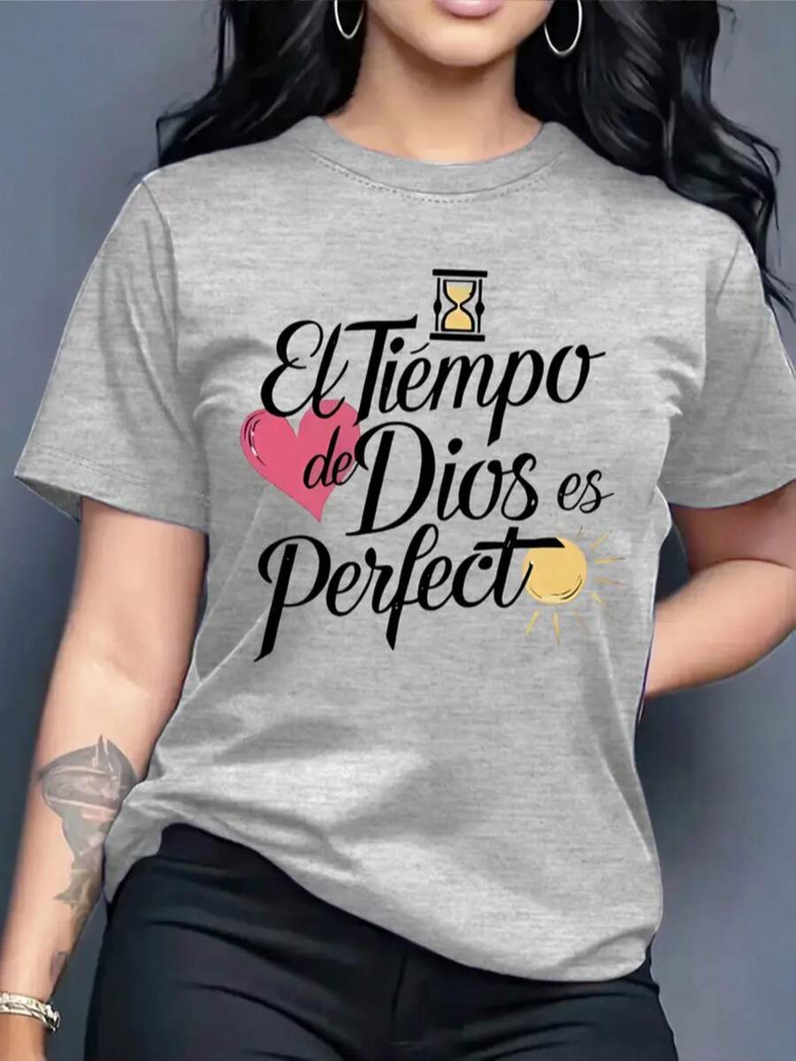 Playera camiseta gráfica dama mujer manga corta cuello redondo básica cómoda fresca ligera moderna juvenil casual estampado frase religiosa tiempo de dios es perfecto letras cristiana corazón - Gris - Ver 1