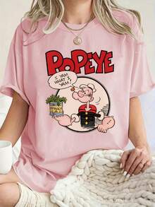 Popeye تي شيرت كاجوال مطبوع بأحرف وشخصيات كرتونية ملونة مثل بوباي بياقة دائرية وأكمام قصيرة ، مناسب للربيع والصيف ،متعدد الاستخدامات للارتداء اليومي - وردي - مشاهدة 6