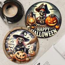 4/6pcs Halloween Pumpkin & Ghoul Round Coasters, Ghost & Witch Design, Holiday Table Decor Heat Insulation Pads, Halloween Decorations, Suitable For Home And Party