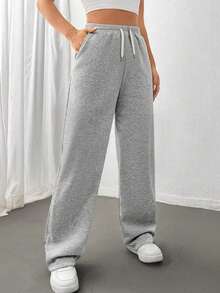 Women's Solid Color Sweatpants, Elastic Waistband, Drawstring Waist, Straight Leg, Comfortable Casual Outdoor Pants, Suitable For Students And Women - Light Grey - View 3