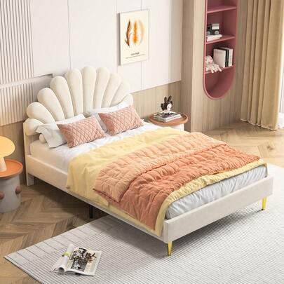 Letto matrimoniale 140 x 200 cm, letto imbottito, testiera a forma di petalo, letto per bambina, letto per gli ospiti, velluto, beige, senza materasso