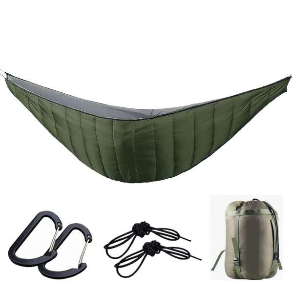 Sous-couverture de hamac ultra-légère et pleine taille, convenant aux saisons 3-4 (5-20°C). Fabriquée en nylon durable et résistant aux déchirures, avec un matériau isolant. Avec des sangles élastiques pour un montage rapide, un design galbé et des coutures renforcées. Léger et portable avec un sac de compression, une solution de couchage compacte pour le backpacking, la randonnée, les voyages en montagne, le camping sur la plage en été et en hiver, convenant aux hamacs simples et doubles.