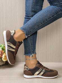 Women's Casual Sneakers, Gold Stripes, Classic Striped Design, Comfortable And Versatile For Daily Wear. This Women's Casual Striped Low-Top Sneakers Feature A Lightweight And Breathable Fabric Upper, Durable Rubber Outsole, And Lace-Up Design, Suitable For All Seasons And Casual Wear. Upgraded With A Removable Insole To Solve The Issue Of Improper Fit.