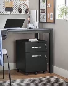 Lockable File Cabinet, Filing Pedestal With 2 Drawers, 5 Wheels, And Adjustable Hanging Rails, Textured Surface, For A4 And Letter Sized Papers, Home Office, White/Black/Rustic Brown And Ink Black - Black - View 3