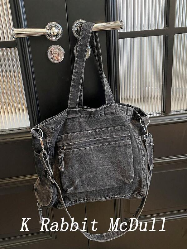 New Fashion Casual Chic Soft Jeans Multi-Pocket Tote Bag With Coin Purse, Solid Color Large Capacity Shoulder Bag, Literary Style College Student Crossbody School Bag, Suitable For Work Commute, Shopping, Travel And Back To School, Perfect For Cow Girl