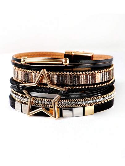 1pc Bohemian Style PU Leather Hollow Star Design Magnetic Bracelet For Women, Suitable For Commuting Wear