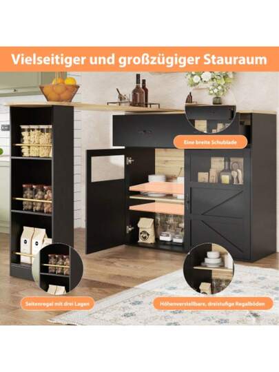 Ausziehbarer Bartisch Mit Stauraum(138 204*39*104cm) 360° Drehbare Essbar,Modern Beweglicher Bar Table,Hochtisch Kücheninsel Bistro Table, Sideboardschrank Regalen,Schwarz view 3