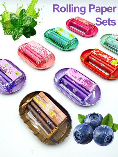 78 毫米水果味手卷纸套装，包括 1 套手动卷烟器套件 - 塑料卷烟机、2 本小册子水果味卷烟纸（带过滤嘴）50 张、1 个金属卷烟托盘、吸烟配件、配件，是送给朋友和家人、圣诞节、万圣节、情人节、母亲节、生日、派对的绝佳礼物