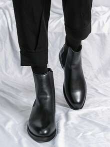 男士黑色切尔西靴，英伦复古靴，男士时尚西部牛仔PU皮靴，适合户外穿着 - 黑色 - 查看 3