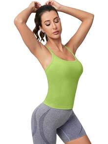 Workout Tops Women With Built In Bra, Sleeveless Gym Tops Seamless Racerback Athletic Yoga Shirts, Activewear - 萊姆 - 查看 3