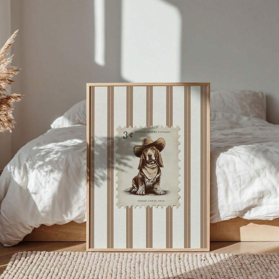 1 件无框牛仔狗印刷品、复古邮票 Cottagecore 墙壁艺术、复古乡村动物海报、农舍房间装饰>海报、时髦海报、卧室装饰、房间墙壁印刷品、宿舍必备大学、家庭派对装饰的独特礼物 - 彩色 - 查看 1