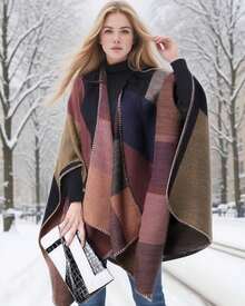 Pashminas Mujer Invierno Frio,Capas Para Mujer Frio,Poncho Termica Grande Con Frente Abierto,Bufanda Invernal Suave De Cuadrícula - Caqui - Ver 8