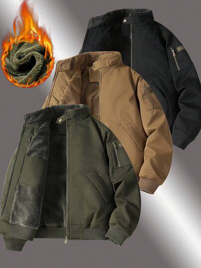 Men's Jacket, Men's Winter Wear This Men's Military Green Thermal Lined Bomber Jacket Features A Faux Shearling Design That Combines Warmth With Texture, While Its Multi-Pocket Construction Adds Practicality Top Gift Picks For Husbands/Boyfriends This Fall And Winter