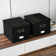 TECHVIDA Caja de Almacenamiento de Archivos con Tapa, Caja Organizadora de Achivos Portátil de Lino, Almacenamiento Plegable, Caja Organizadora de Archivos con, Apto para Oficina o Hogar (Negro) - Negro - Ver 3