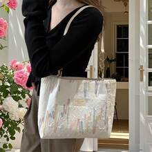 Womens Canvas Tote Bag Zipper Closure Stylish Embroidered Large Capacity Shoulder Bag - Blanco - Ver 5