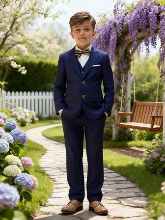 3 件套小男孩西装套装：西装外套 + 裤子 + 领结，适合钢琴表演、婚礼、典礼的正式服装