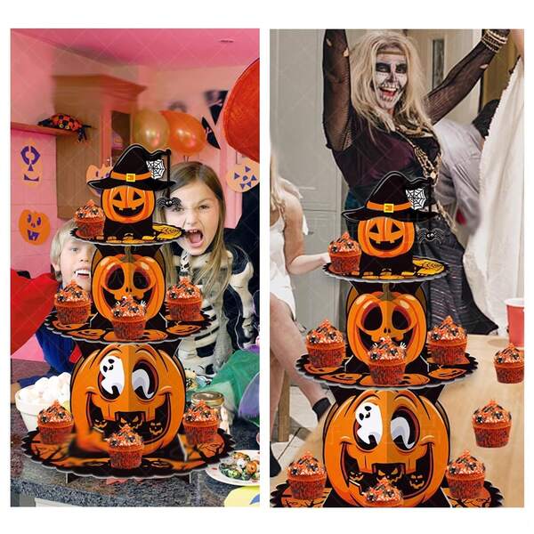 3/2 Stücke & 1 Stück Halloween Kürbis 3-stöckiger Cupcake Ständer - Gruseliger Dessert Turm für Halloween Partys, Pappaufsteller Tischdekoration
