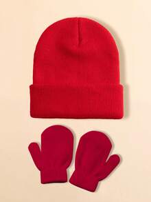 2 pezzi/set Guanti senza dita lavorati a maglia tinta unita + Cappello lavorato a maglia tinta unita per bambini, Set berretto invernale casual antivento e caldo per bambini e bambine per uso esterno - Cappello lavorato a maglia + guanti - Visualizzare 15