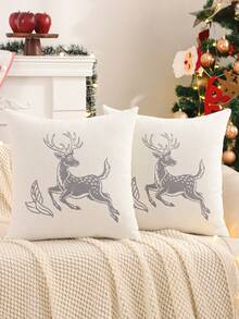 1 pieza/2 piezas Funda de cojín decorativa navideña, Jacquard de chenilla con renos de Navidad para decoración de sala de estar, dormitorio y hogar de estilo granja en invierno, regalo festivo